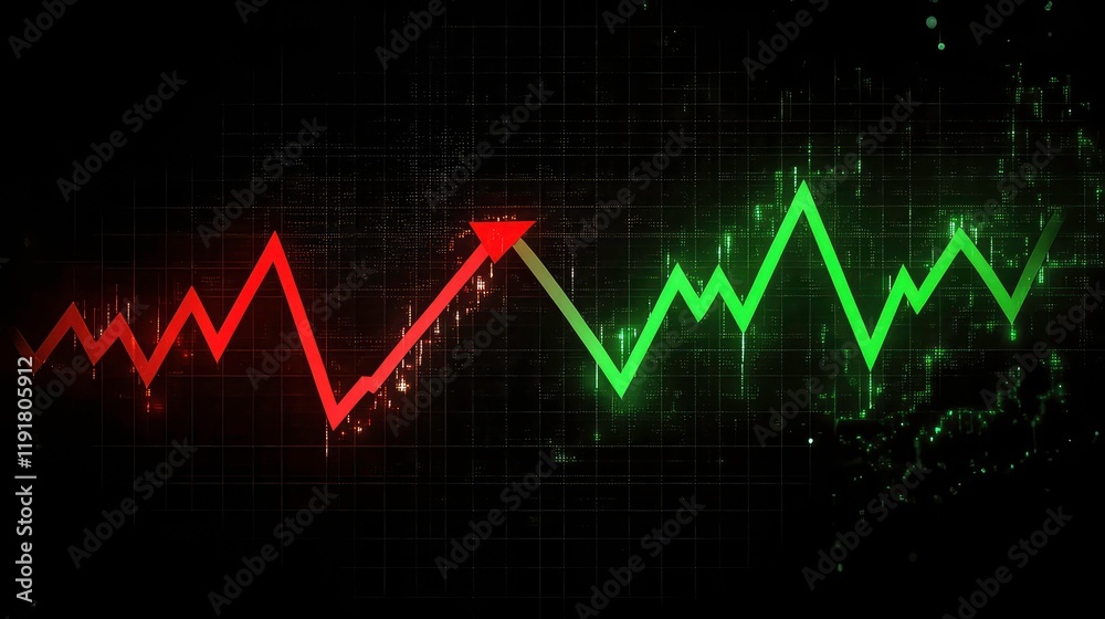Naklejka premium Stock market chart showing green uptrend and red downtrend lines indicating market fluctuations
