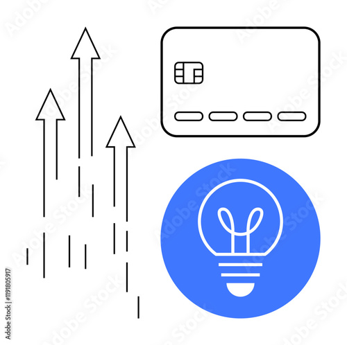 Upward arrows, credit card, and blue light bulb icon. Ideal for fintech, business growth, innovation, technology, digital payments financial services startup concepts. Line metaphor