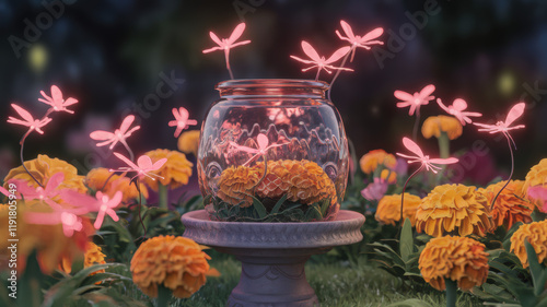 Wallpaper Mural Enchanting Glass Jar with Glowing Dragonflies and Marigolds in a Magical Garden Torontodigital.ca
