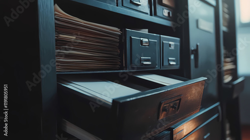 Close-up of a filing cabinet drawer with stacks of papers. Shadowfern. Illustration