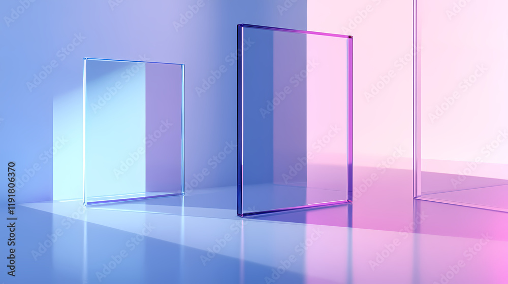 Geometric glass frames leaving blue and purple shadow in studio. Shadowfern. Illustration Geometric glass frames leaving blue and purple shadow in studio. Shadowfern. Illustration