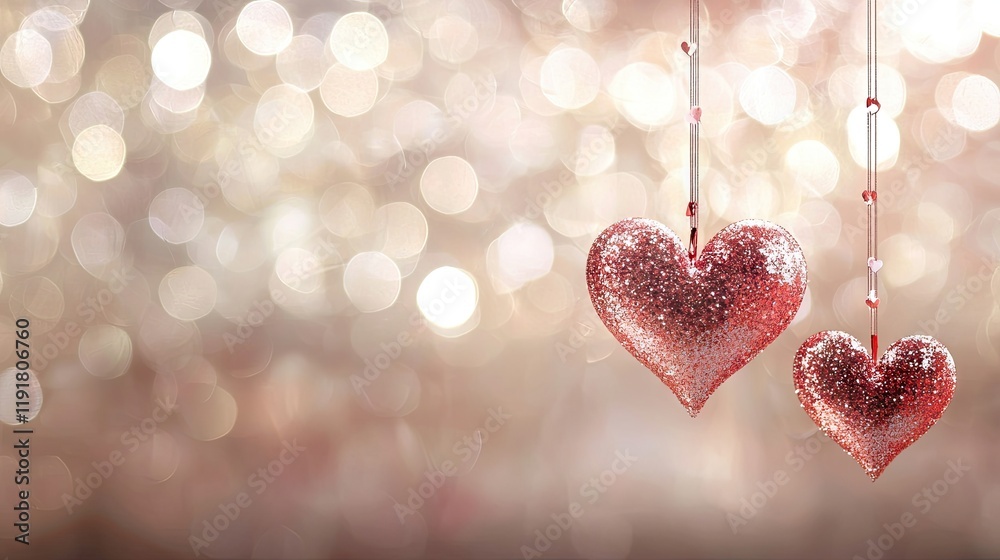 Fototapeta premium Sparkling hearts hang against a bokeh background; romantic Valentine's Day card