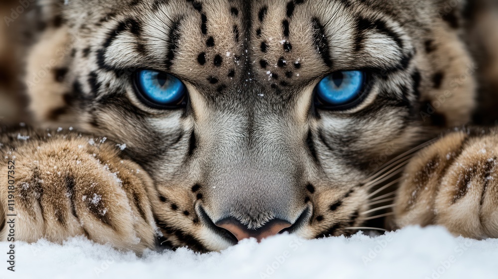 Intense close-up of a snow leopard crouching in the snow, with striking blue eyes and detailed fur patterns. Intense close-up of a snow leopard crouching in the snow, with striking blue eyes and detailed fur patterns.