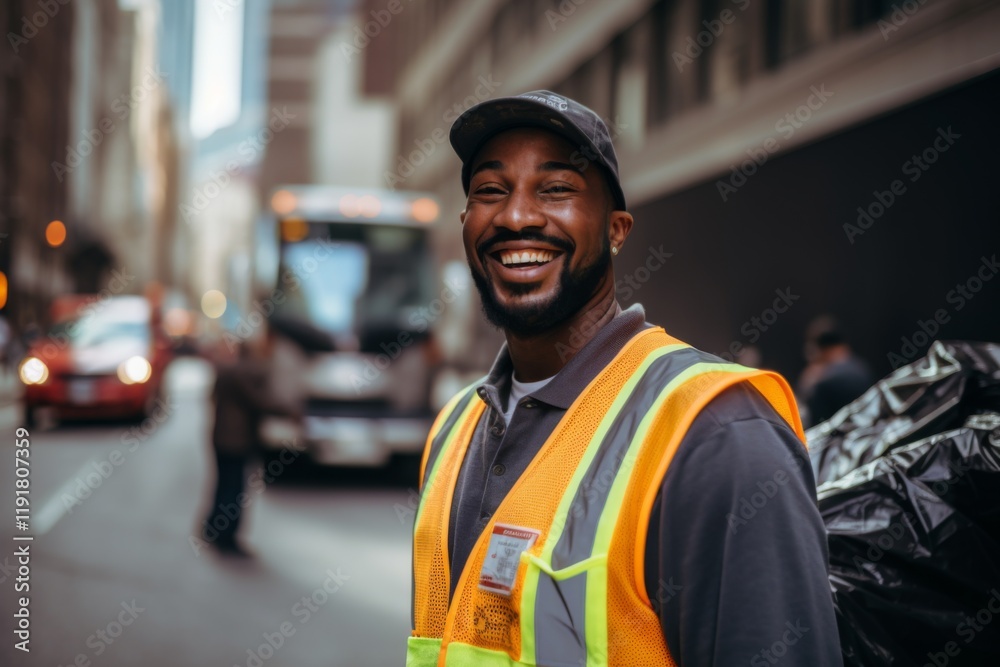Smiling portrait of a young male garbage man in New York Smiling portrait of a young male garbage man in New York