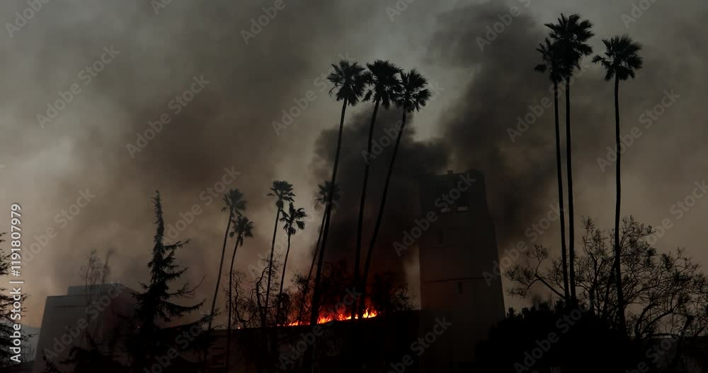 Altadena, California, USA - January 8, 2025: Aided by extreme Santa Ana wind conditions, the Eaton Fire engulfs a church in downtown Altadena.