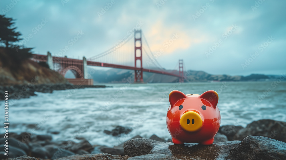 Obraz premium 海と曇り空に映えるゴールデンゲートブリッジと豚の貯金箱
