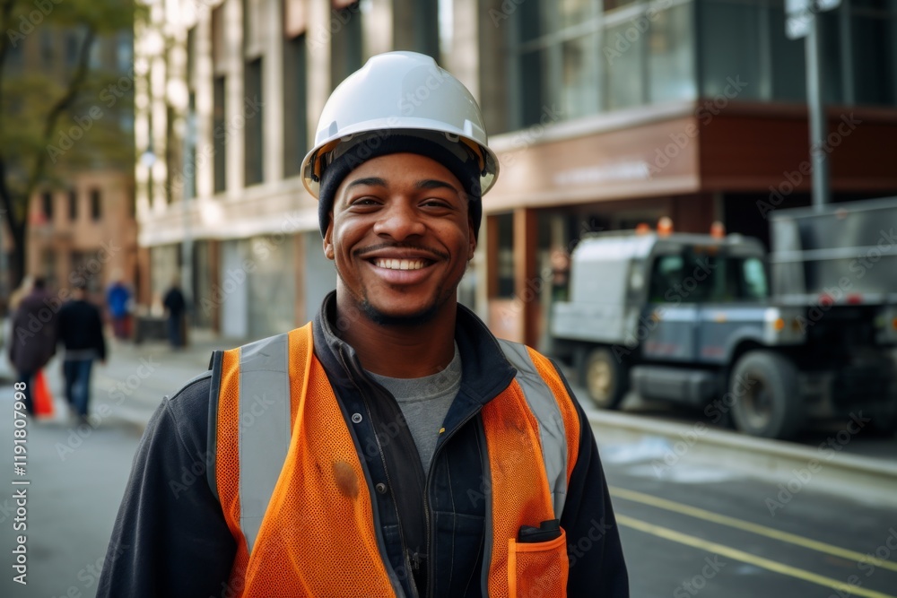 Smiling portrait of a young male African American construction site worker Smiling portrait of a young male African American construction site worker