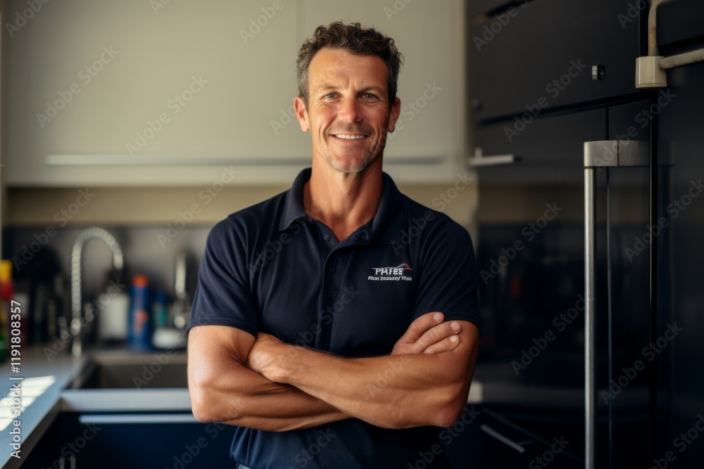 Fototapeta premium Smiling portrait of a middle aged Caucasian plumber
