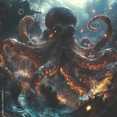 Giant kraken attacks sinking galleon, fiery chaos.