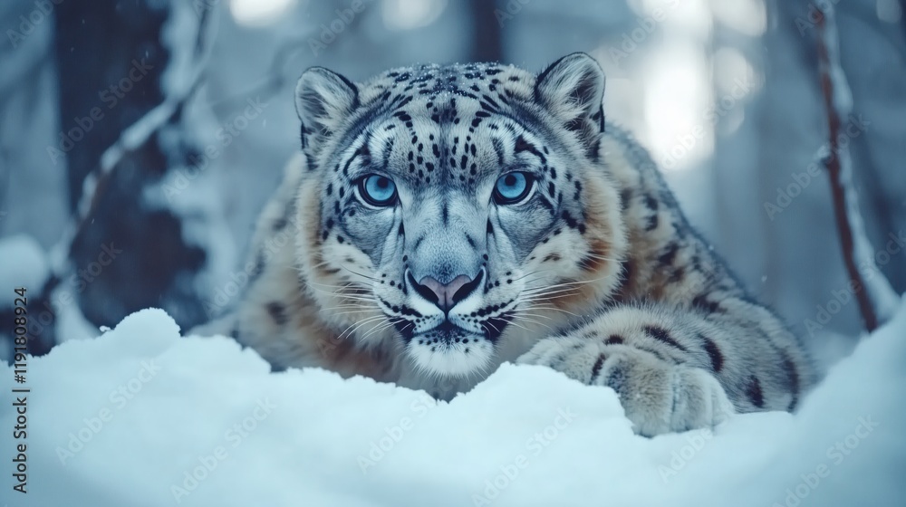 Obraz premium Snow leopard lying low in deep snow, with intense blue eyes and sharp focus in a dense snowy forest during winter.