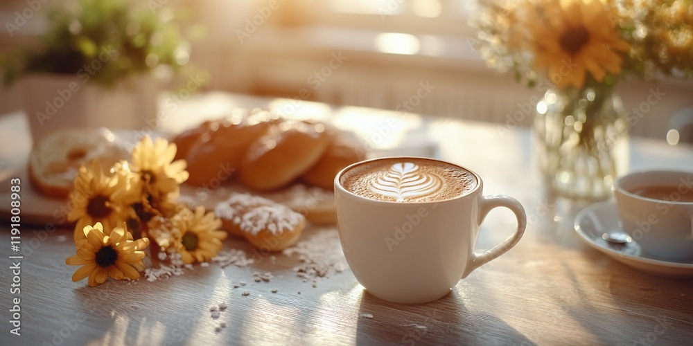 Sunny cafe latte, pastries, flowers.  Relaxing morning