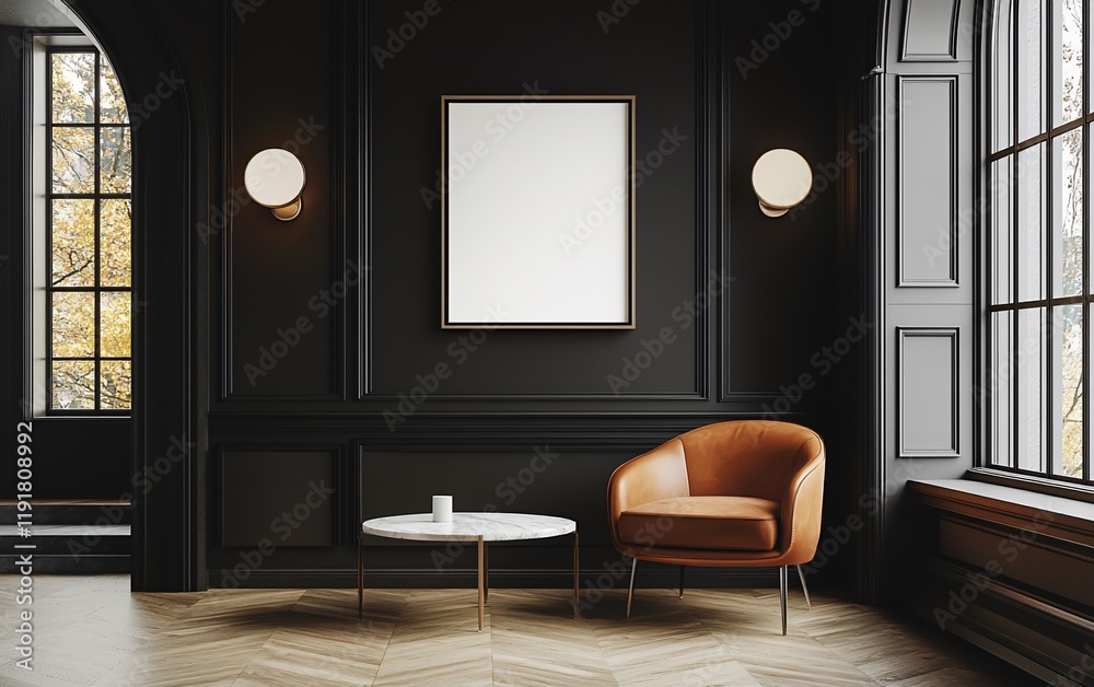 Fototapeta premium Elegant dark room with leather armchair, round table, and blank frame.