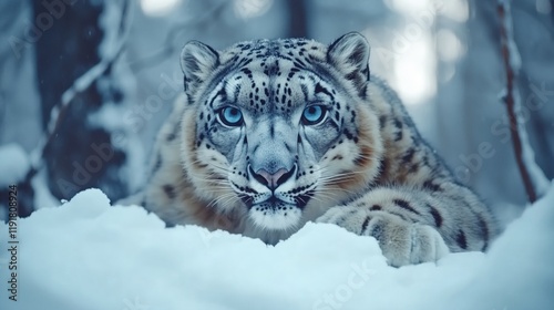 Snow leopard lying low in deep snow, with intense blue eyes and sharp focus in a dense snowy forest during winter.