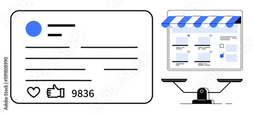Social media post with thumbs ups and comments count next to a computer screen displaying content management system. Ideal for social media strategy, digital marketing, user engagement, online