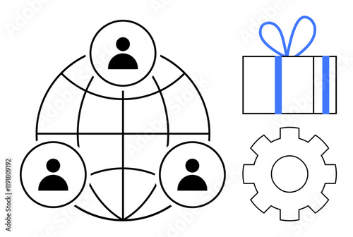 Network of three users connected globally, a gift box, and a gear. Ideal for teamwork, collaboration, networking, rewards, project management productivity and workflow optimization. Line metaphor