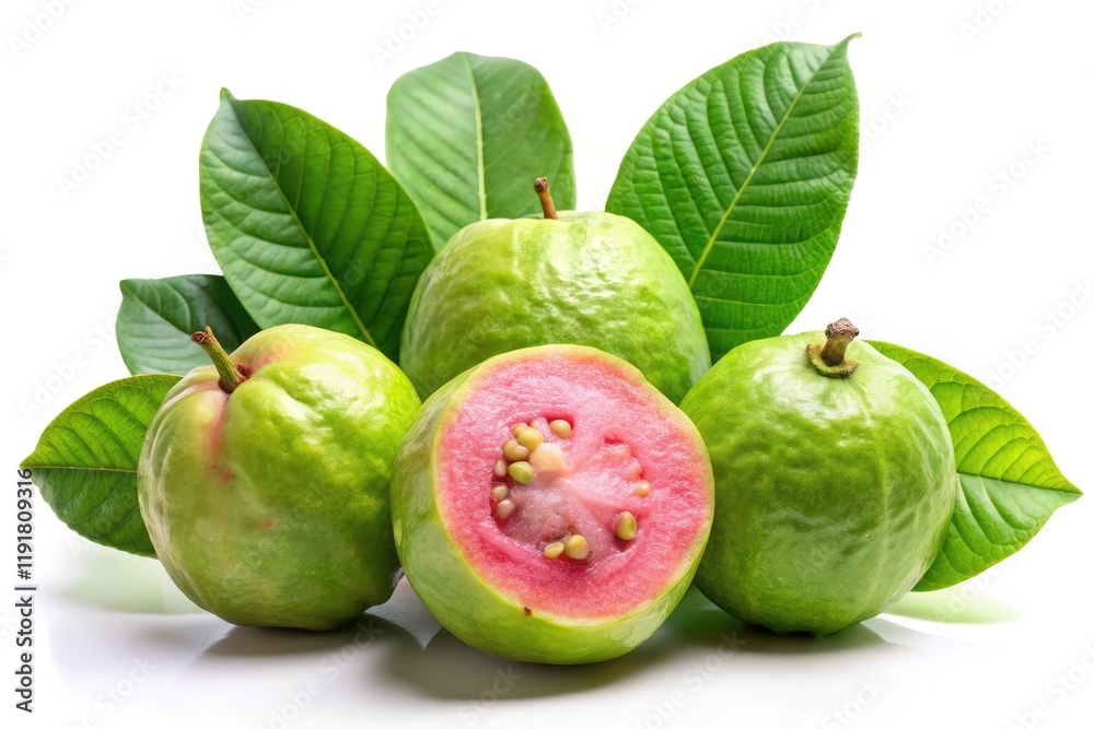 Fresh Guava Fruit & Leaves: Isolated Close-up Photo for Agriculture & Food Industry Fresh Guava Fruit & Leaves: Isolated Close-up Photo for Agriculture & Food Industry