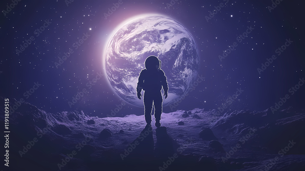 Astronaut silhouette walking towards glowing earth in space with stars and a rocky surface. Shadowfern. Illustration Astronaut silhouette walking towards glowing earth in space with stars and a rocky surface. Shadowfern. Illustration