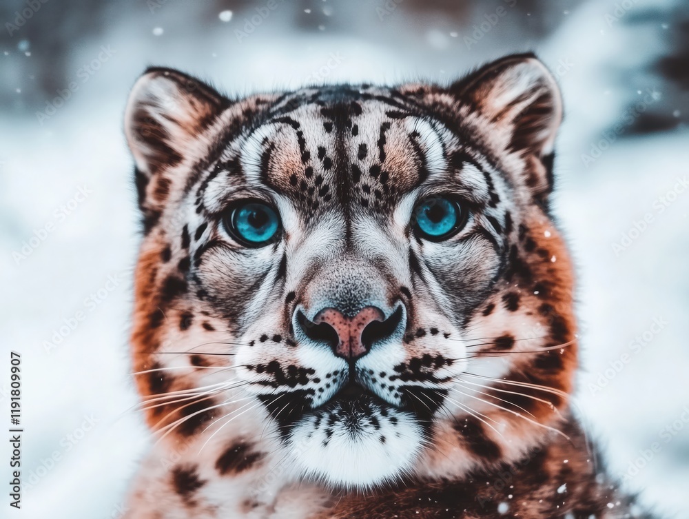 Portrait of a snow leopard in a snowy environment, showcasing its piercing blue eyes and intricate fur details against a soft blurred background. Portrait of a snow leopard in a snowy environment, showcasing its piercing blue eyes and intricate fur details against a soft blurred background.
