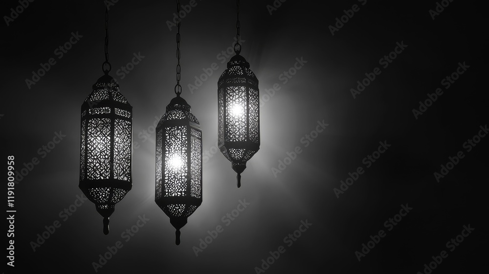 Obraz premium Illuminated lanterns hanging, dark background, Ramadan celebration, festive decor