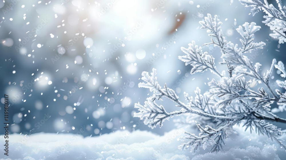 A serene winter scene with snowflakes falling on frosted branches and a snowy ground. A serene winter scene with snowflakes falling on frosted branches and a snowy ground.