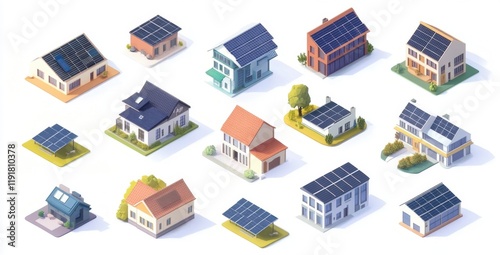Collection of Isometric Houses with Solar Panels: Sustainable Energy Homes Design