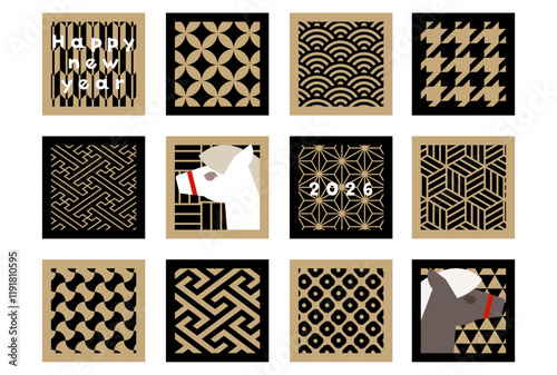 金色×黒 2026年午年年賀状ベクターイラスト 白馬 高級感 シンプル ゴージャス ビジネス 和柄