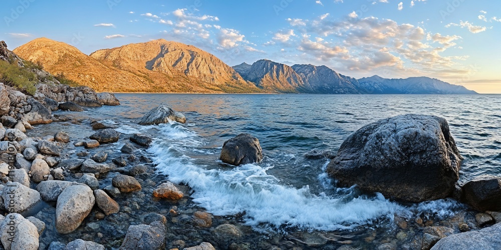 Obraz premium Sunset lake, rocky shore, mountain backdrop, travel