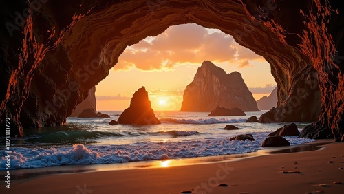 Sunlit cave entrance unveils an ocean gateway, framed by rugged rocks at a serene beach cove—nature's grand doorway to the sea