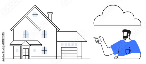 Man pointing upward towards a cloud next to a two-story house with garage. Ideal for real estate, dreams, goals, future planning, homeownership, aspirations, and cloud computing. Simple line art