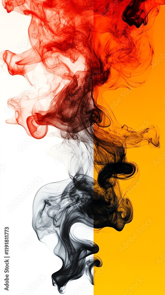 Fototapeta premium Black smoke trails forming bold, jagged textures over a fiery red and orange background, Smoke Texture, Energetic and powerful