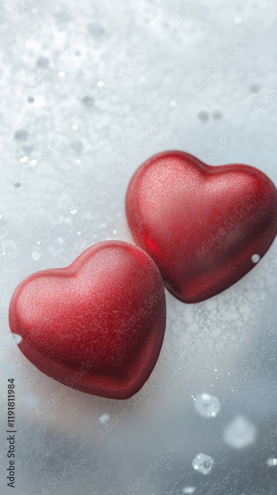 Fototapeta premium Two textured red hearts lying on a sparkling silver background create a romantic atmosphere perfect for valentine's day, women's day, or spring celebrations
