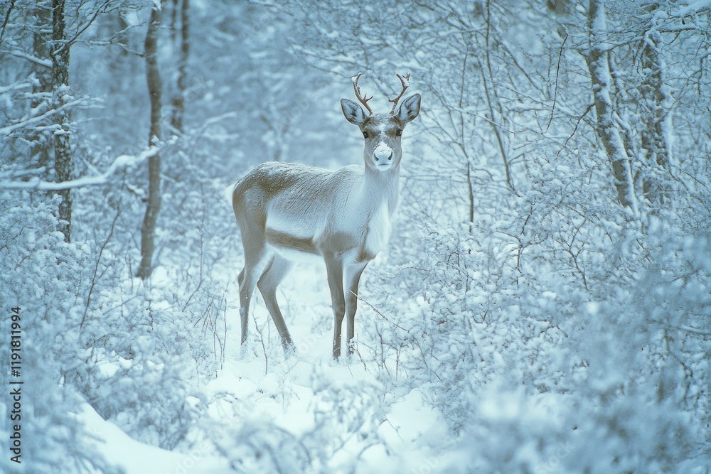 Reindeer standing snowy winter forest; postcard Reindeer standing snowy winter forest; postcard