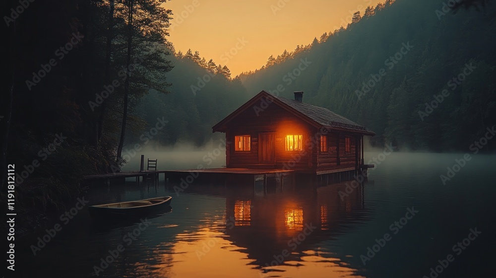 Fototapeta premium Lakeside cabin sunset, foggy mountains, tranquility