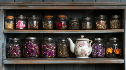 Wallpaper Mural Rustic Bookshelf with Dried Flowers, Herbs, and Teapots – Cozy Atmosphere Torontodigital.ca