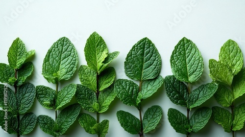 Lush green mint leaves on pale background.