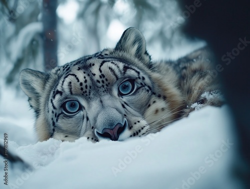 Snow leopard lying low in deep snow, intently watching its surroundings with its iconic blue eyes.