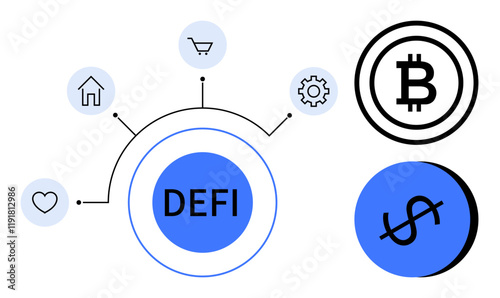 Circles connected in network tech, home, cog, cart, heart, Bitcoin, and dollar icon. Ideal for fintech DeFi economy blockchain technology finance digital currency. Abstract line flat metaphor