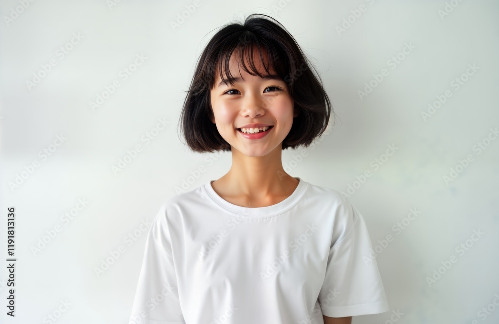 Happy Asian teenager wears white t-shirt against white backdrop. Smiling girl with short hair. Perfect for various projects like fashion magazine, lifestyle content apparel advertisement. Studio Happy Asian teenager wears white t-shirt against white backdrop. Smiling girl with short hair. Perfect for various projects like fashion magazine, lifestyle content apparel advertisement. Studio