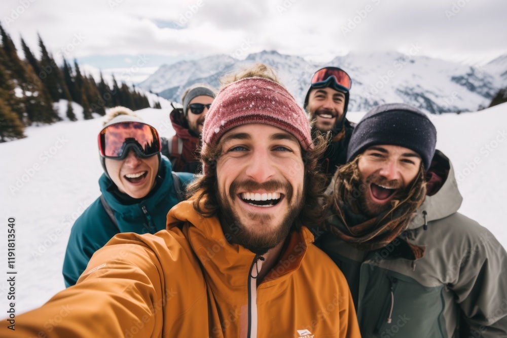 Diverse group of smiling snowboarders on snowy mountain Diverse group of smiling snowboarders on snowy mountain