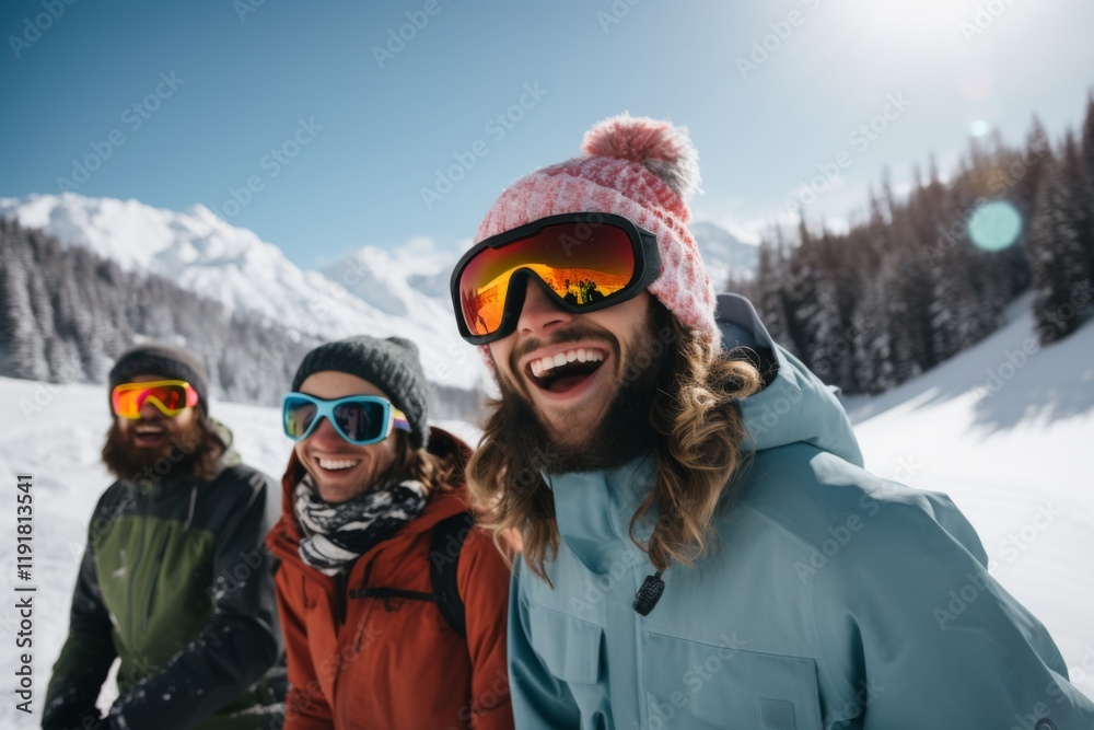 Diverse group of smiling snowboarders on snowy mountain Diverse group of smiling snowboarders on snowy mountain