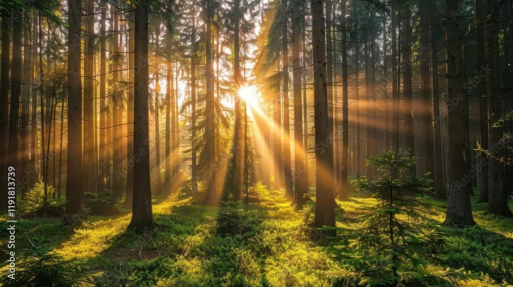 Obraz premium A serene forest scene illuminated by sun rays filtering through tall trees.