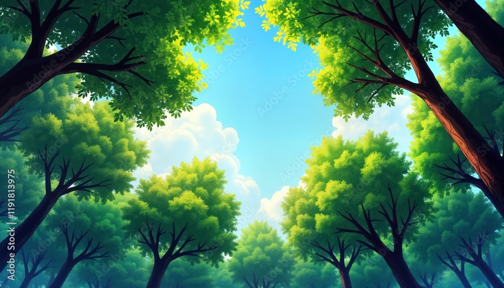 Fototapeta premium Rich green trees fill forest scene. Look up at vibrant foliage. Bright sunlight filters through treetops. Vivid blue sky provides beautiful background. Tall trees create sense of tranquility, peace.