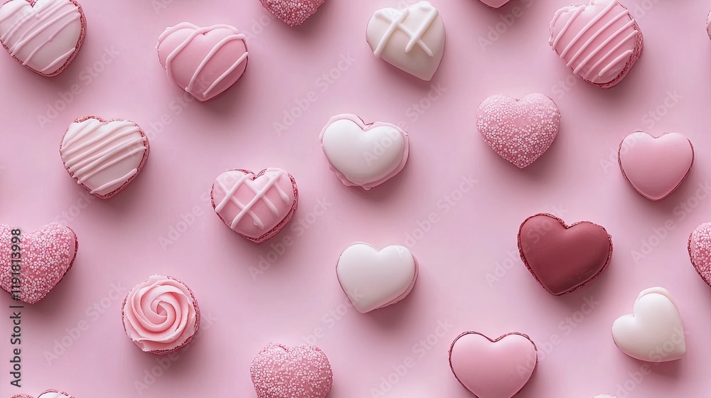 Obraz premium Pink heart-shaped sweets arranged on pink background; Valentine's Day treat