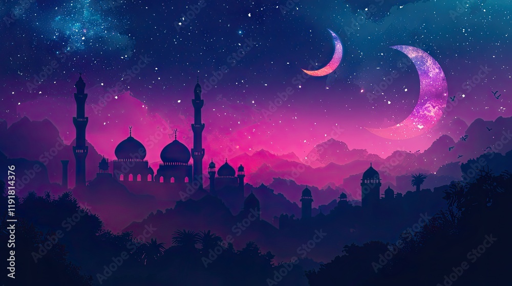 Naklejka premium Night scene, mosque silhouette, crescent moon, starry sky, desert landscape, Ramadan greeting card