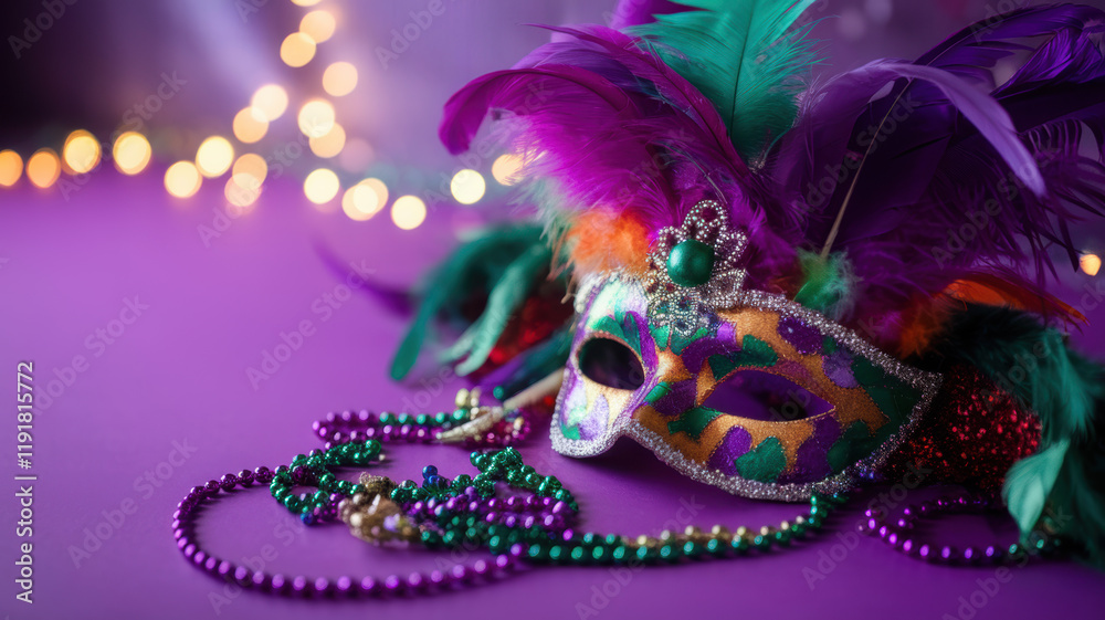 Fototapeta premium Mardi Gras Mask Feathers Beads Festive Purple Background