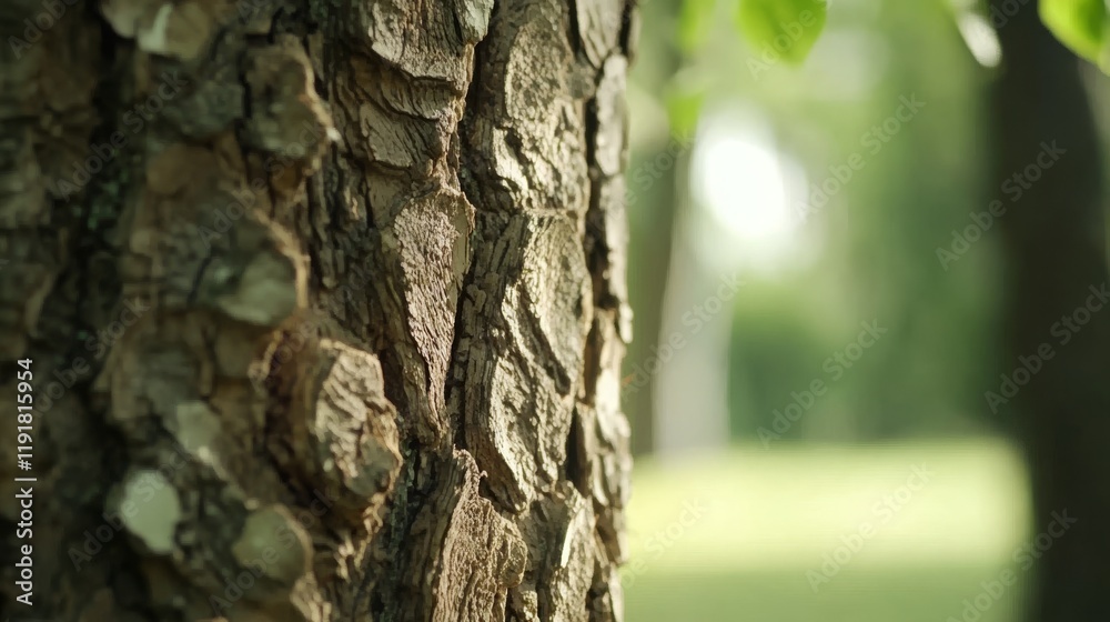 Close-Up of a Textured Tree Bark with Sunlight Filtering Through Leaves in a Green Natural Environment Close-Up of a Textured Tree Bark with Sunlight Filtering Through Leaves in a Green Natural Environment