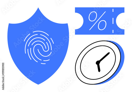 Shield with fingerprint symbolizing security, clock representing time, and ticket suggesting discount or offers. Ideal for themes thumbs up security, timing, discounts, authentication, protection