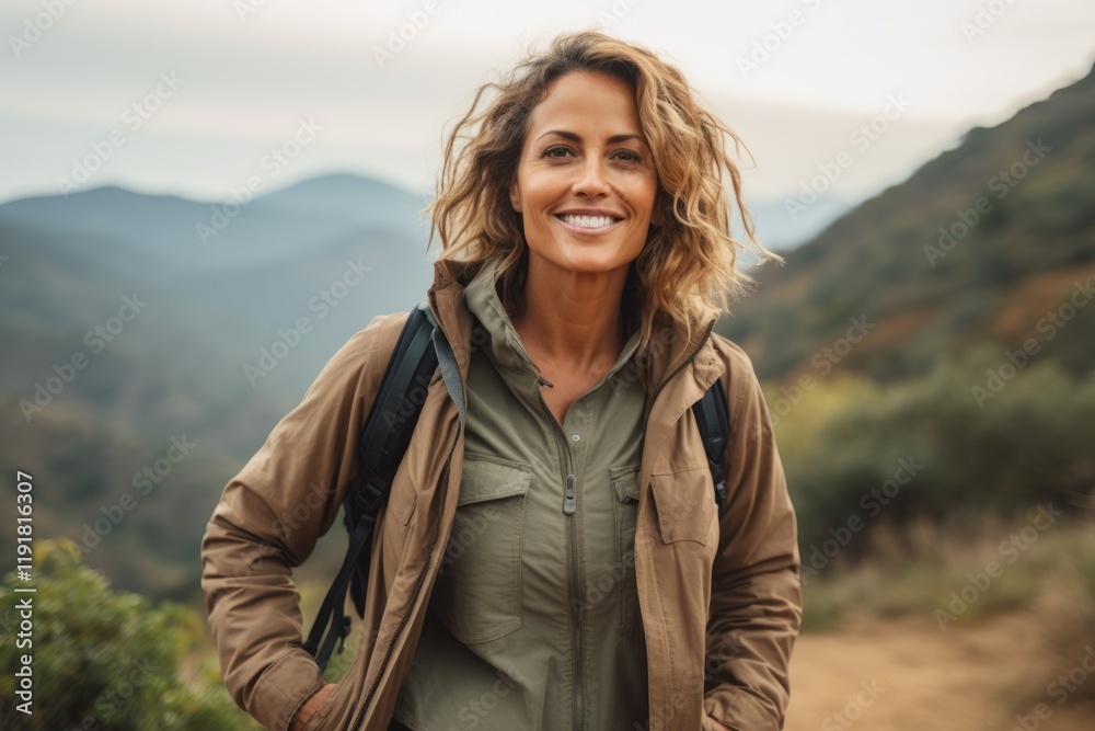 Portrait of a smiling woman with backpack standing on a mountain trail Portrait of a smiling woman with backpack standing on a mountain trail