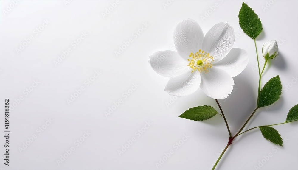 Obraz premium ホワイトの背景に春の風に揺れる花が1輪、シンプルで優雅なミニマルデザイン 