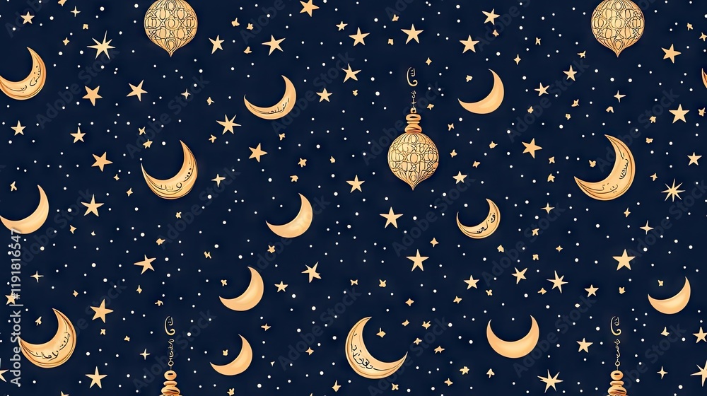Naklejka premium Night sky pattern crescent moons, stars, and lanterns. Ideal for textiles